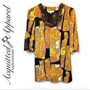 Trina Turk Mod Vintage Print Silk Dress Lace
